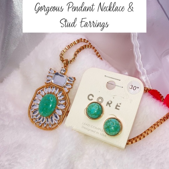 Stylish Turquoise Pendant Necklace & Earrings Set - Picture 3 of 5